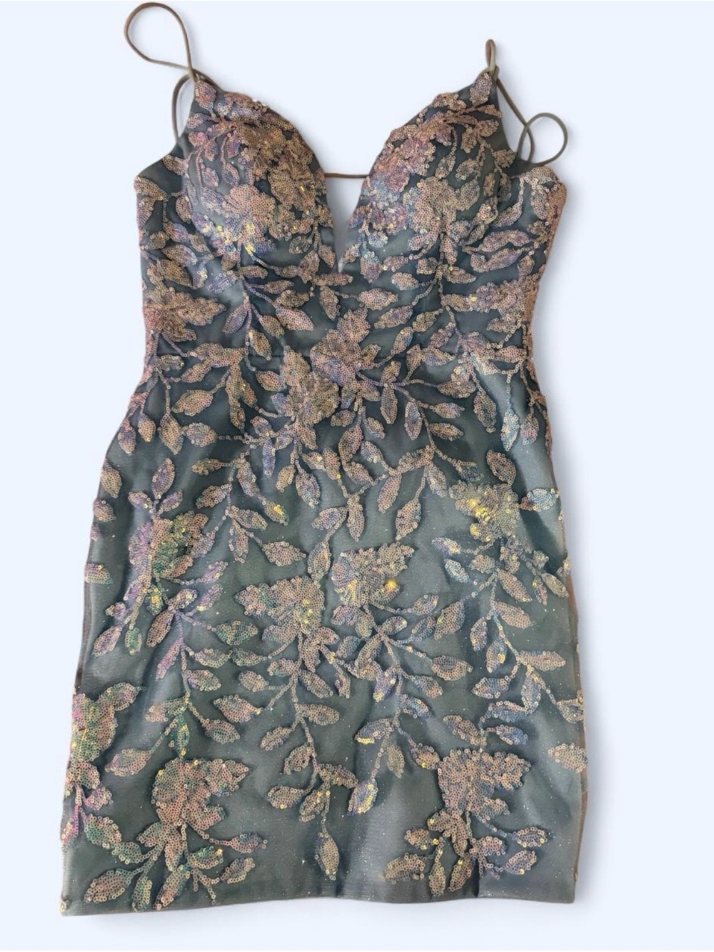 Embroidered Sequin Leaf Mini Dress in Olive Green